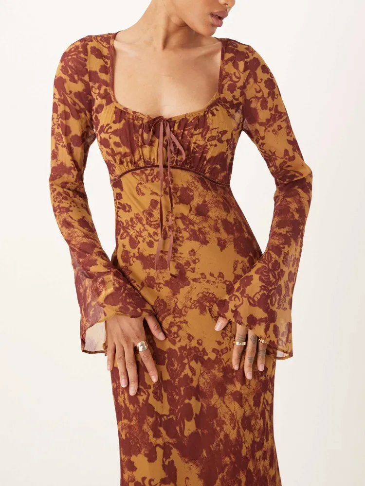 Abstract Floral Print Scoop Neck Dress