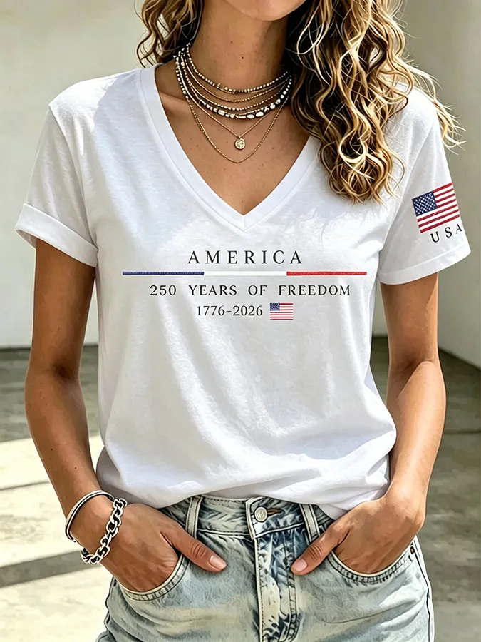 250Th Anniversary American Embroidery Commemorative V-Neck Short Sleeved T-Shirt