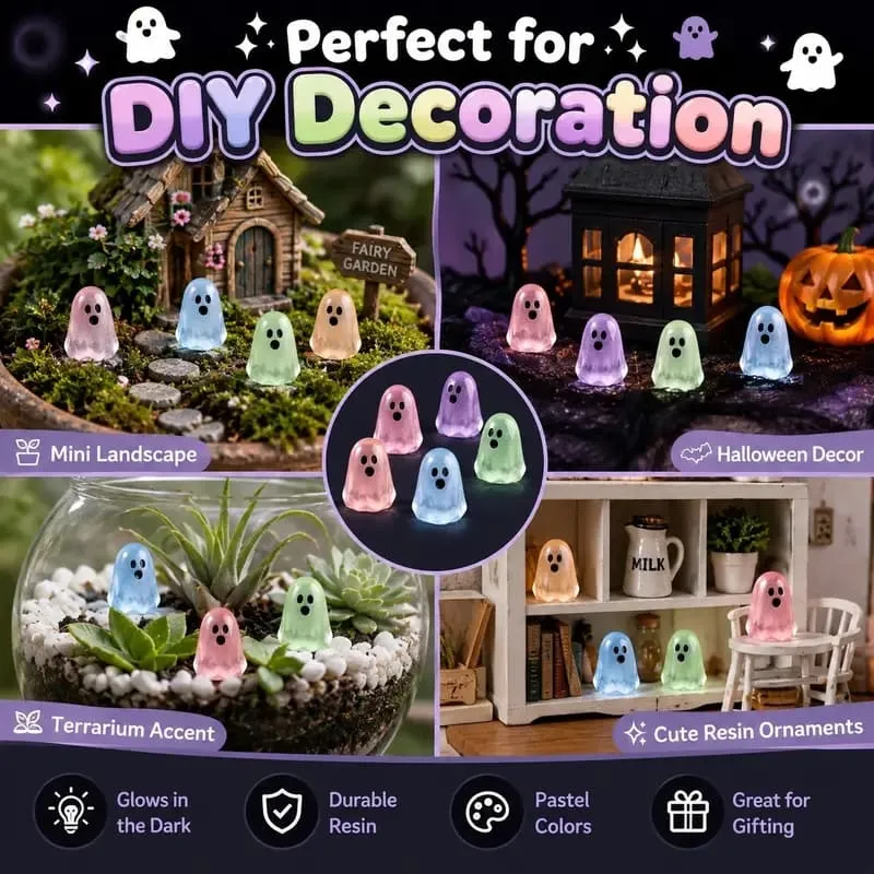 Halloween Gift Glow In Dark Cute Ghost Resin Bead Set Random Pattern Luminous Decorative Charms