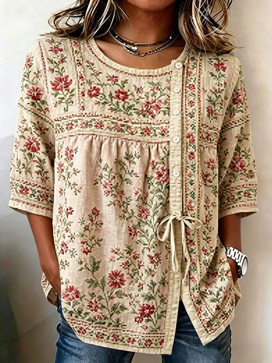 Women'S Casual Print Cotton Linen Print Top