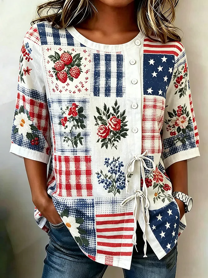 Ladies' Casual American Flag Patchwork Floral Striped Printed Cotton And Linen Top