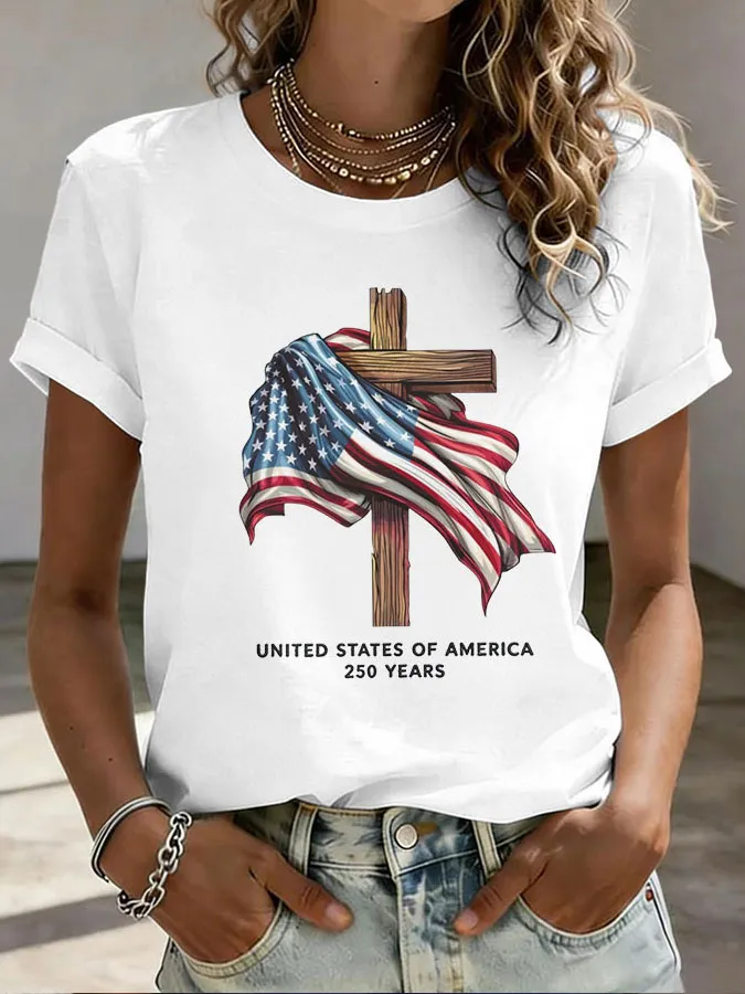 Women's Independence Day Cross Printed Round Neck T-shirt