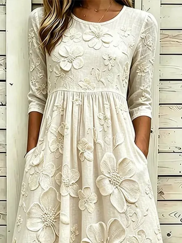 Women's cotton and linen casual printed loose dress