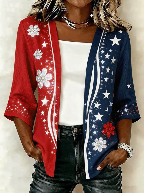 Women's American Flag Color Block Star Open Front Cardigan