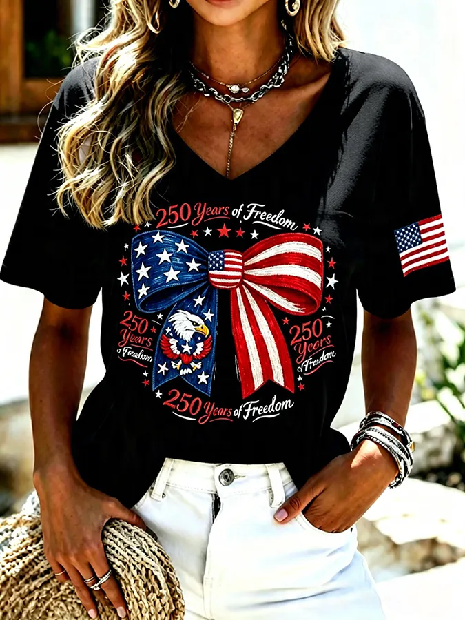 250 Years Of Freedom Eagle Bow Tie American Flag V Neck Tee
