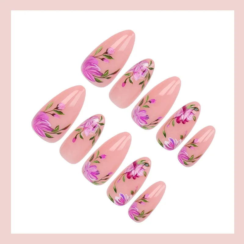 Nailhour 24Pcs Nude Floral Vintage Medium Almond Press On Nails