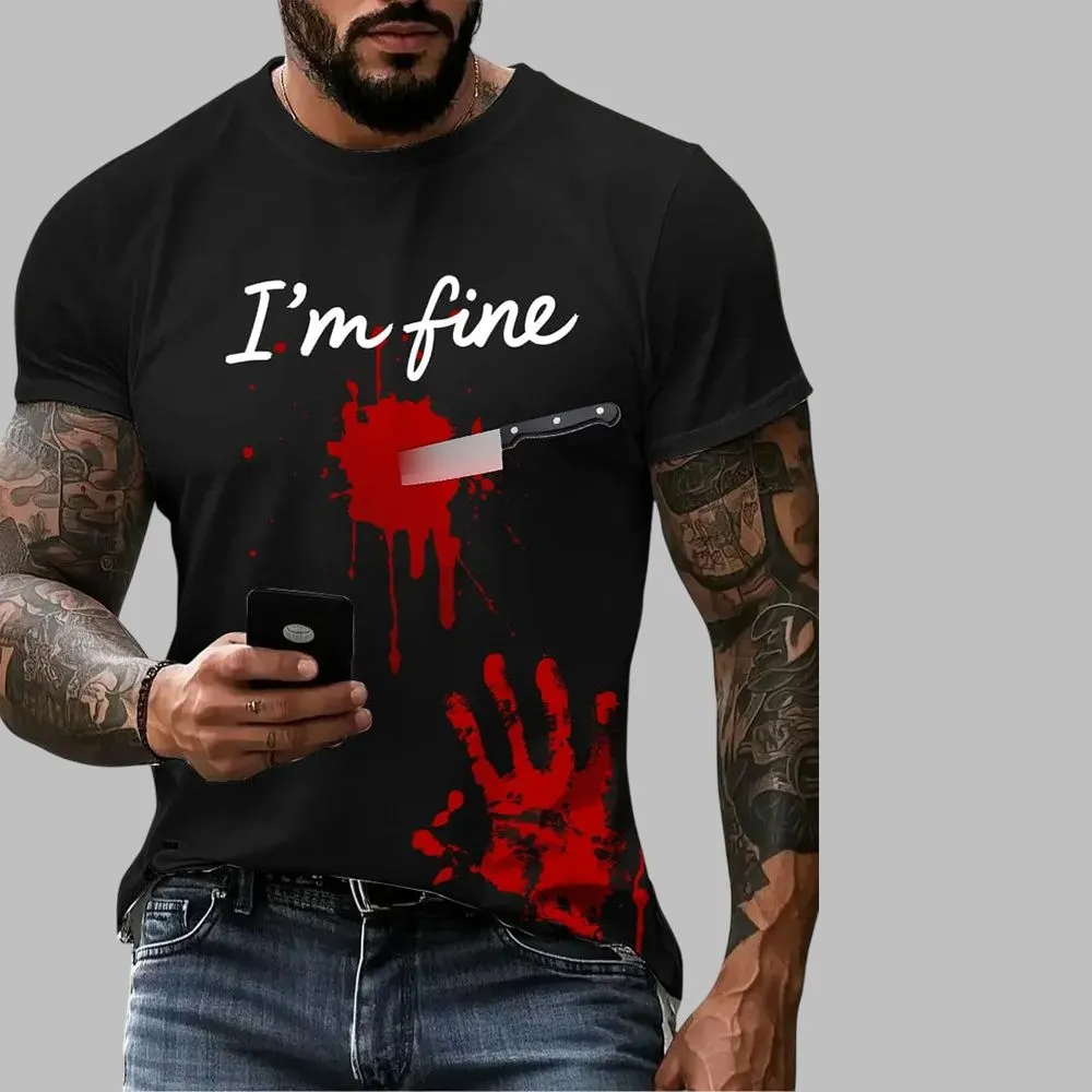 2025 Halloween Men’s I’m Fine Blood Stain Print T-shirt