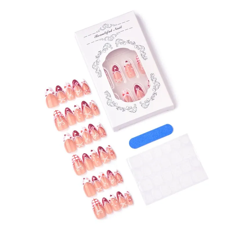 Nailhour 30Pcs Bow 3D Medium Sweet Almond French Press On Nails