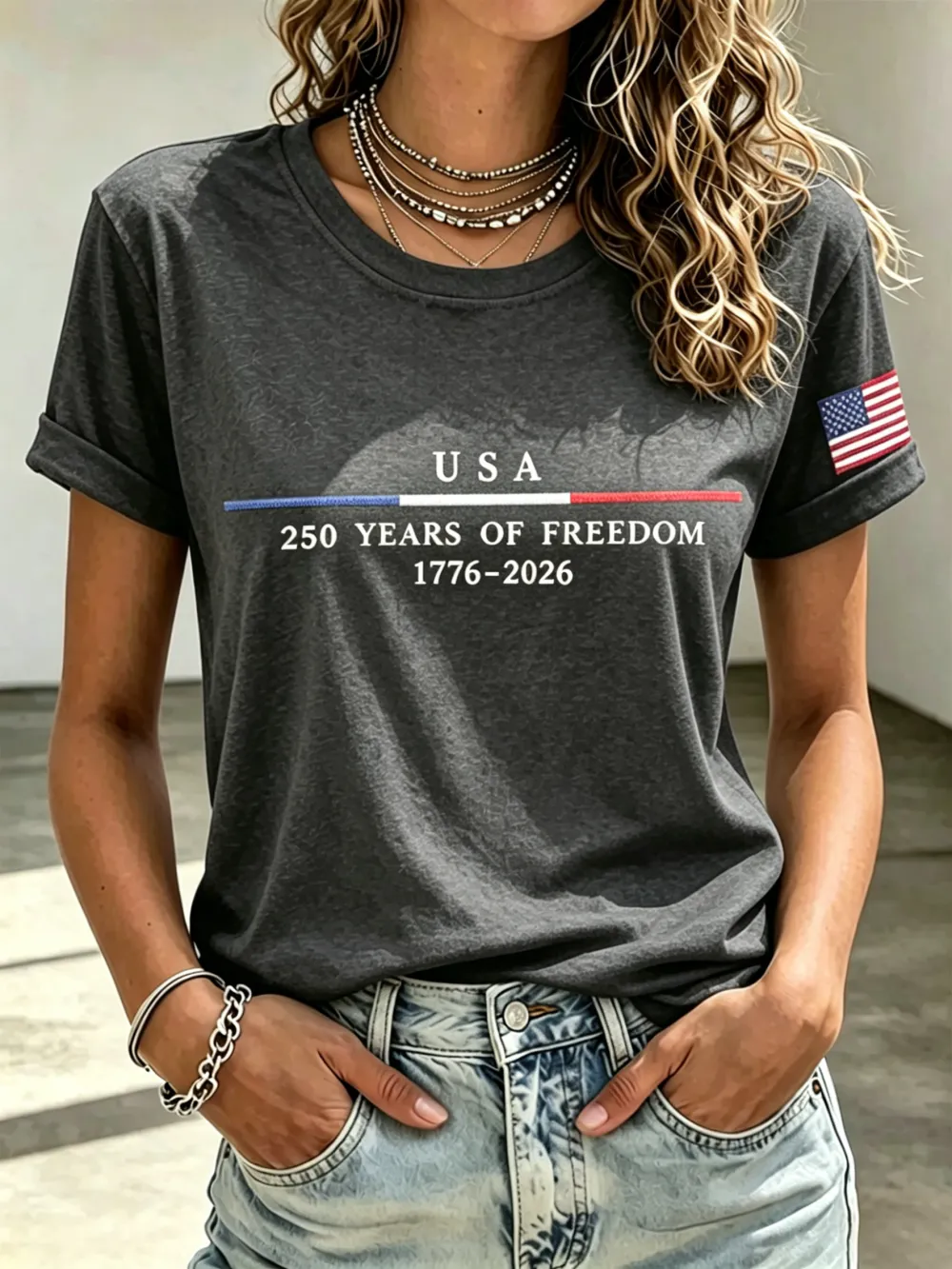 Ladies' Casual American 250Th Anniversary Embroidered Commemorative Round Neck Short Sleeved T-Shirt