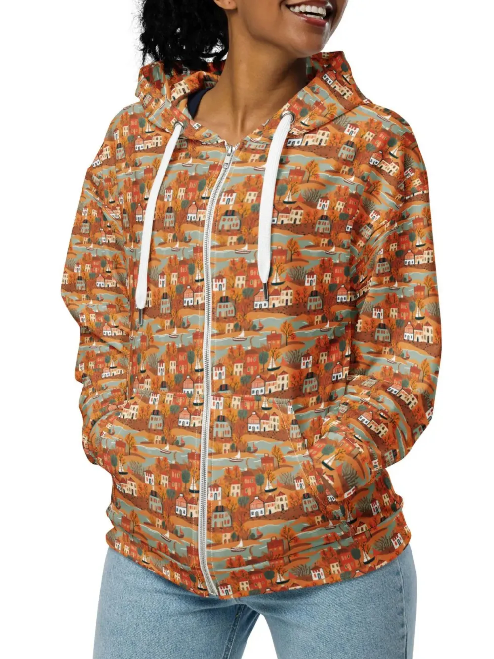 Retro Seaside Town Zip Hoodie