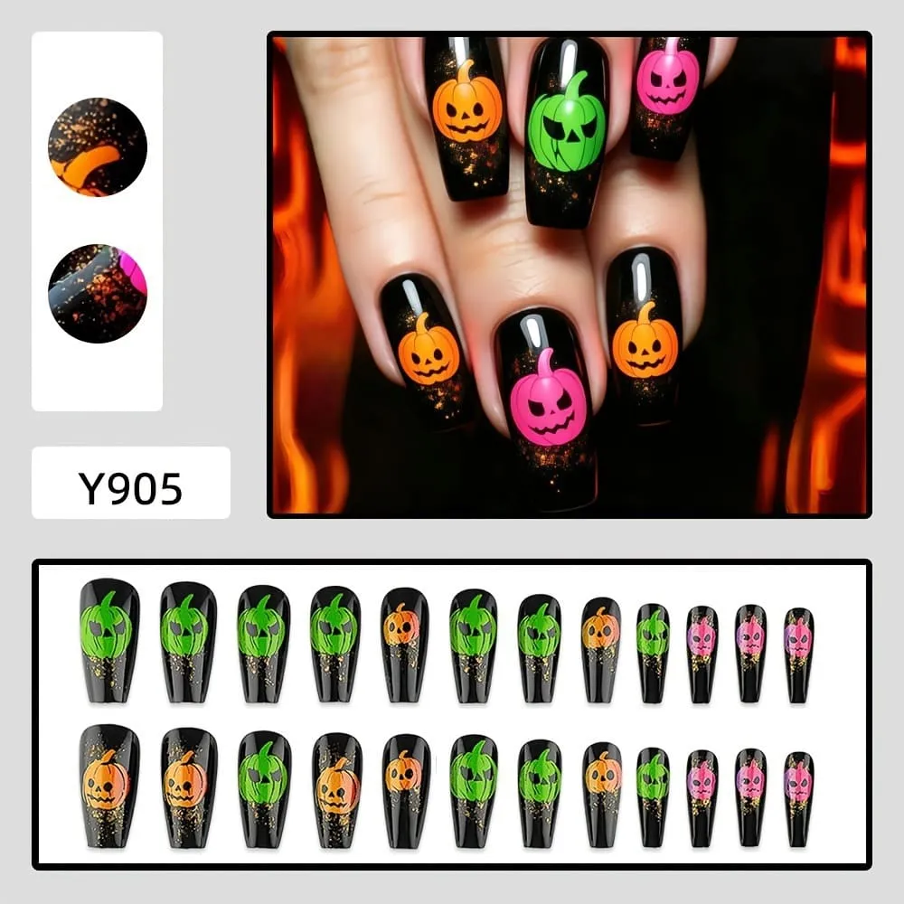 Nailhour 24Pcs Halloween Pumpkin Ghost Long Coffin Press On Nails