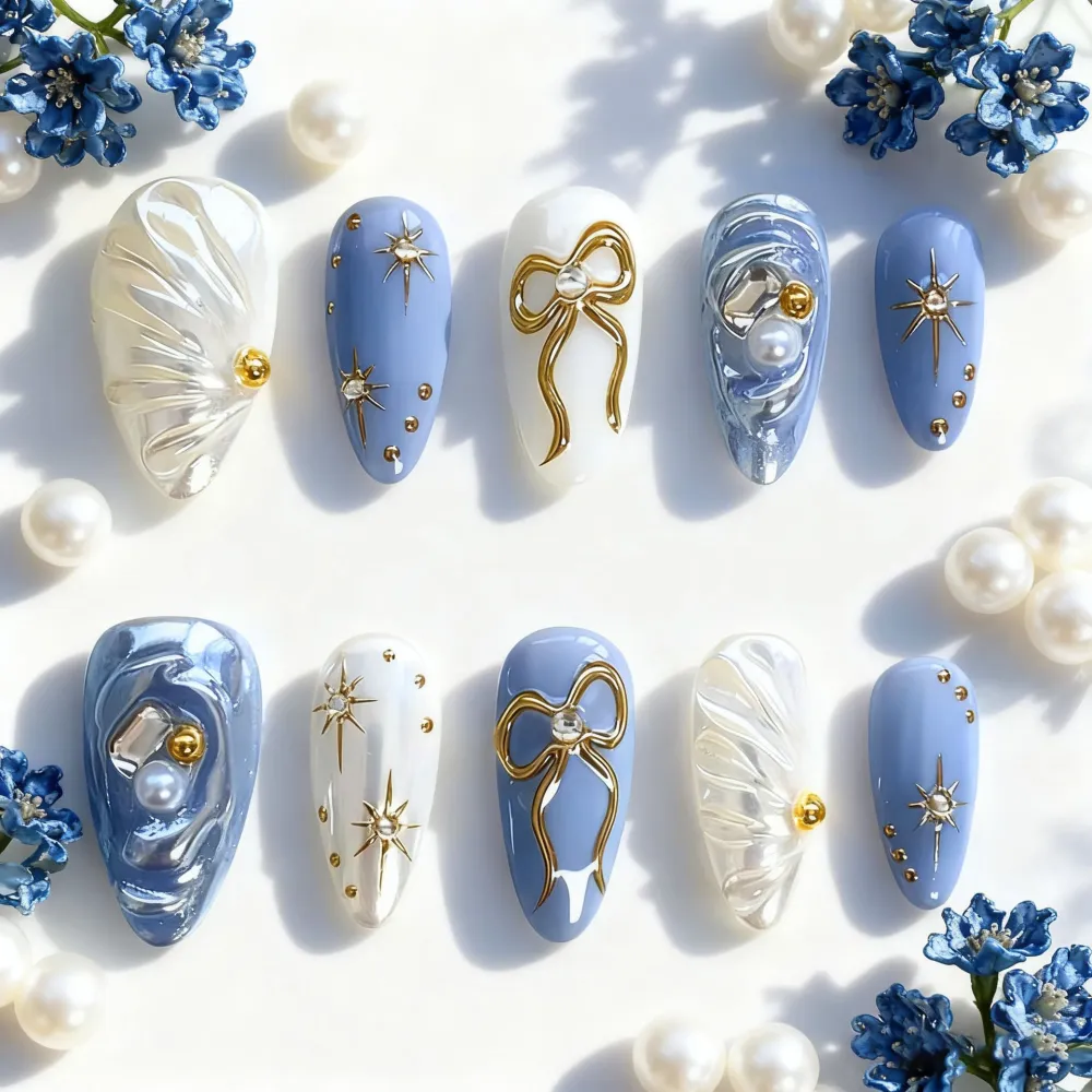 Nailhour 24Pcs 3D Butterfly Bow Medium Almond French Press On Nails
