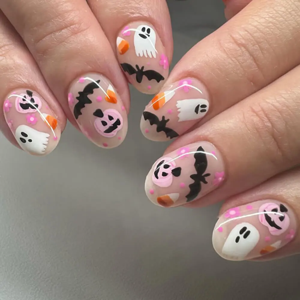 Nailhour 24Pcs Halloween Short Squoval Spider Motif Press On Nails