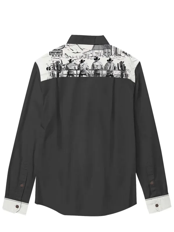 West Cowboy Printed Hawaiian Shirt For Men Button-Down Shirt Long Sleeve 100% Cotton Shirt