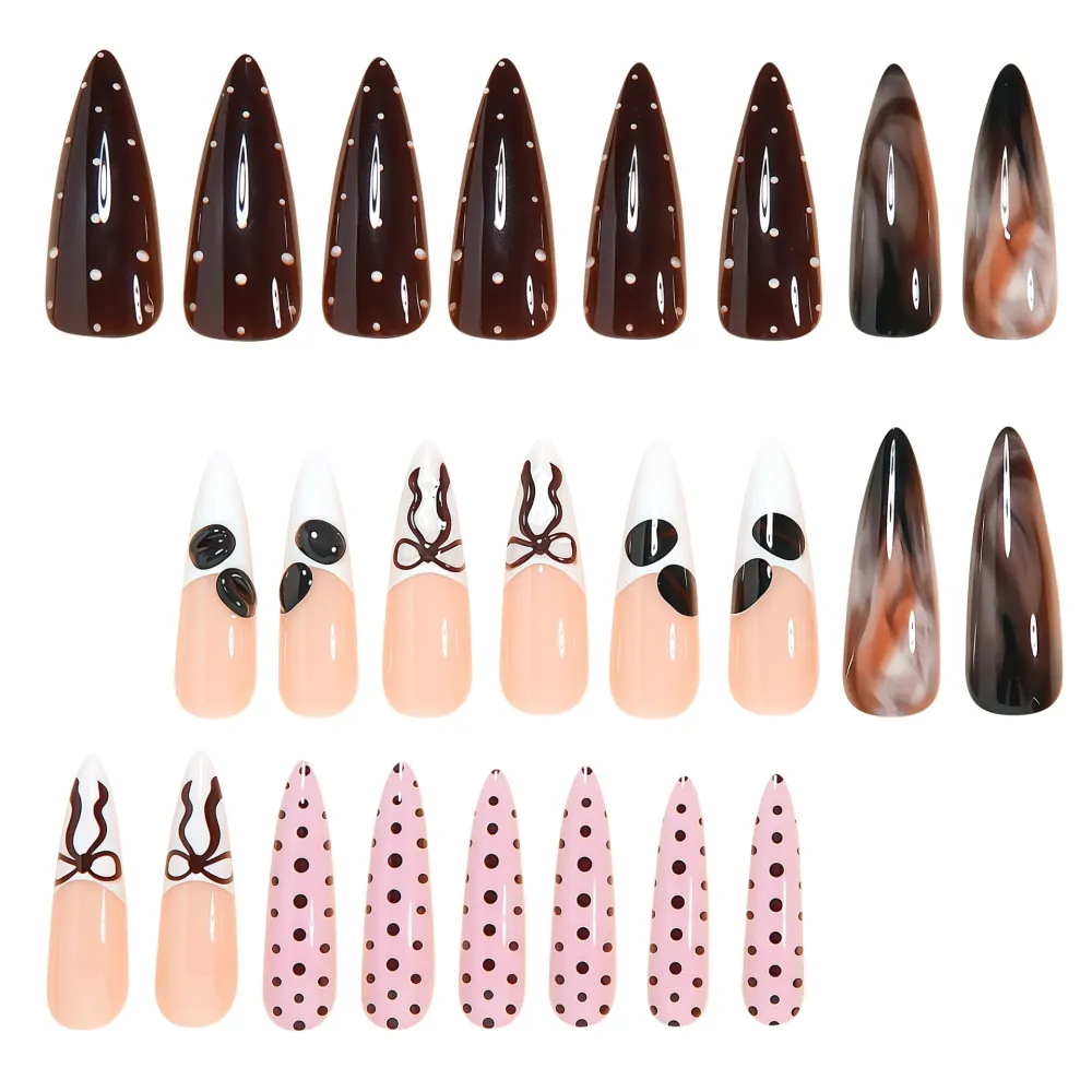 Nailhour 24Pcs Coffee Bean 3D Long Stiletto French Press On Nails