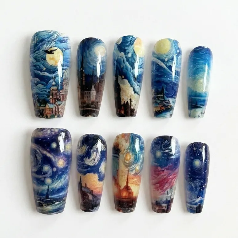 Nailhour Handmade 10pcs Van Gogh's Starry Night Long Coffin Press On Nails
