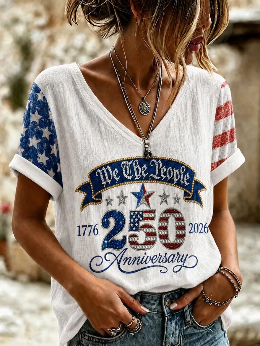 Women'S Retro Independence Day Printed Casual Short Sleeved T-Shirt