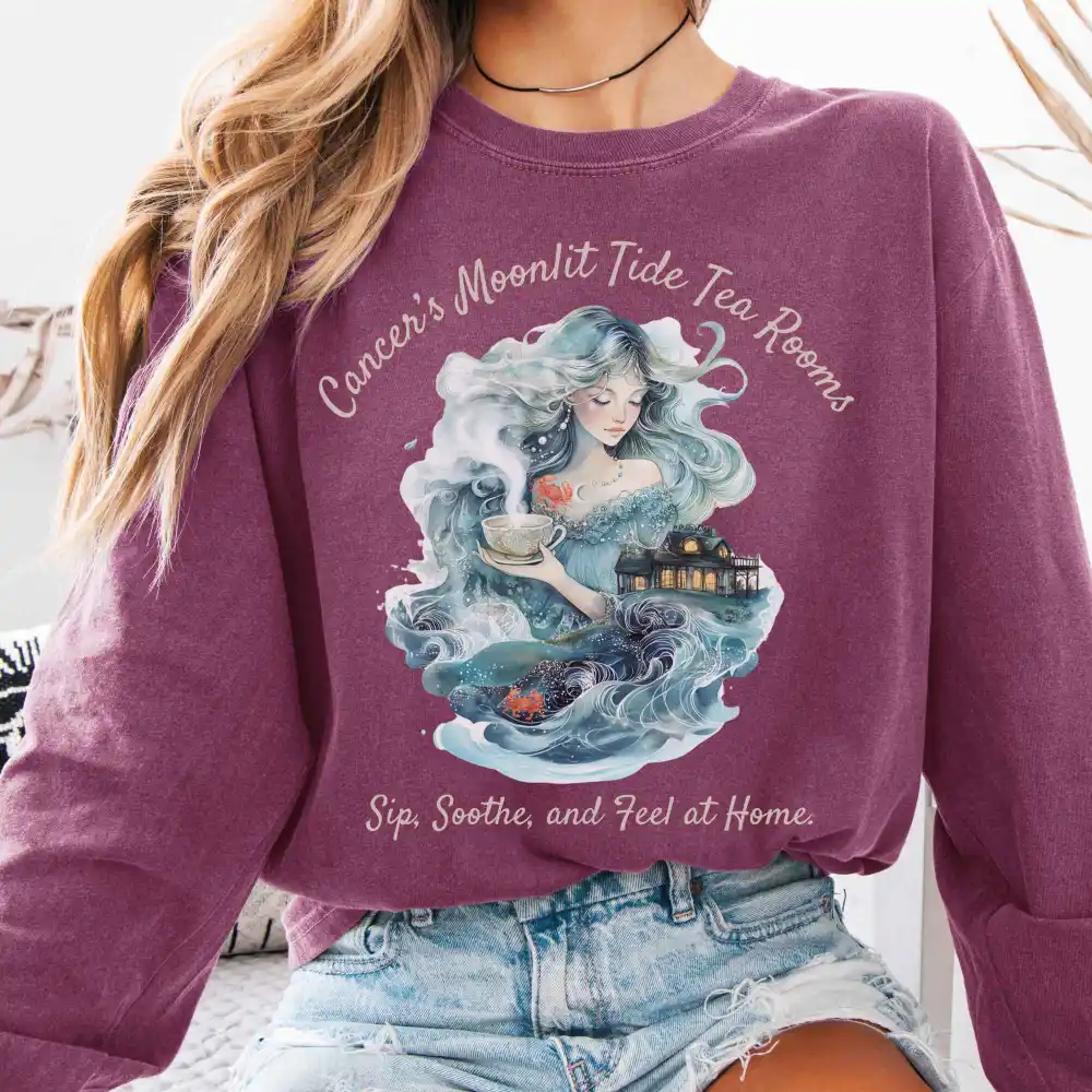Cancer's Moonlit Tide Tea Rooms Zodiac Long Sleeve Tee