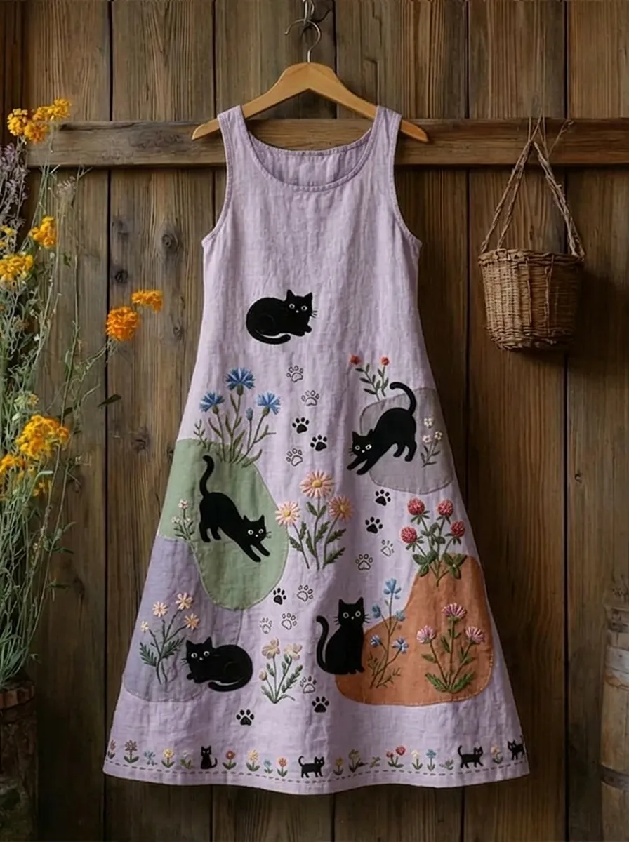 Women's Cat Lover Floral Black Cat Embroidered Cotton Linen Dress