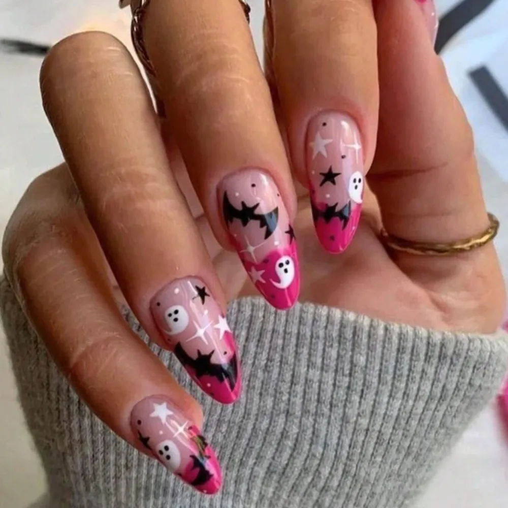 Nailhour 24Pcs Halloween French Medium Almond Press On Nails