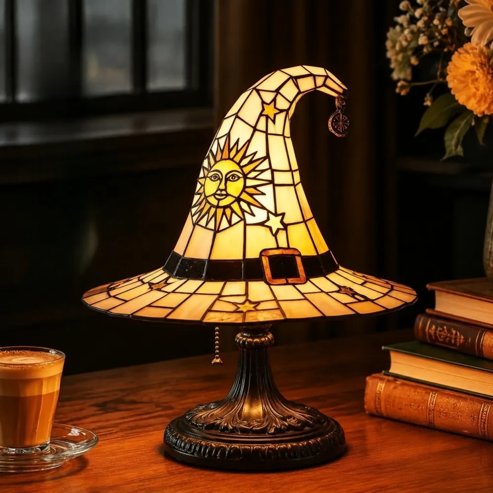 Halloween Witch Hat Lamps Resin Decorative USB Plug Light Ornament（11*8*18cm）