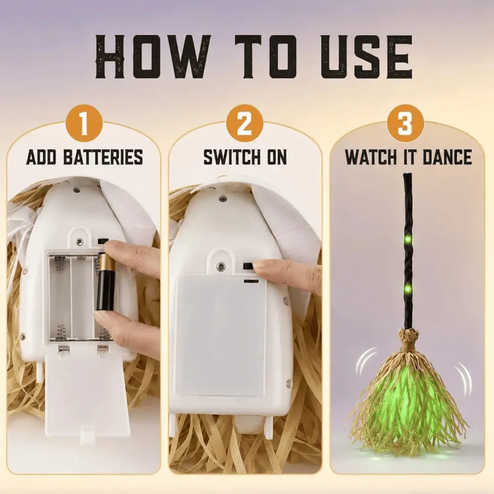 Motion Activated Witch Broom LED Glowing Musical Decor Halloween Interactive Prop