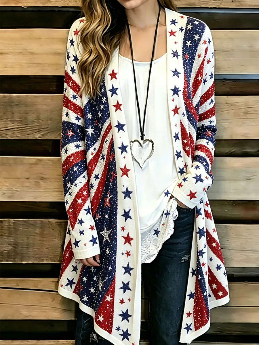 Women's Casual American Flag Print Cardigan