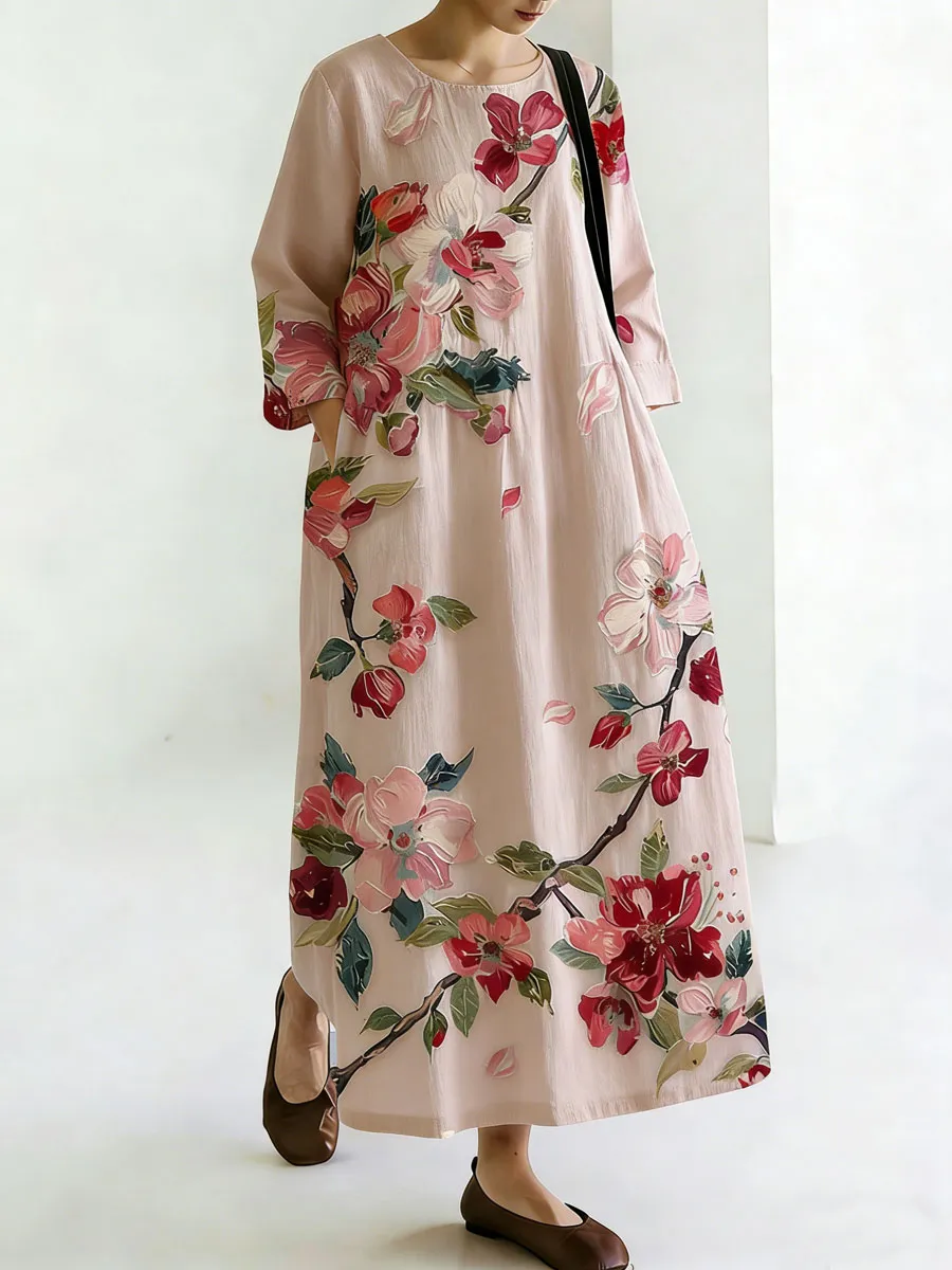 Vintage Boho Floral Design Women's Linen Maxi Dress