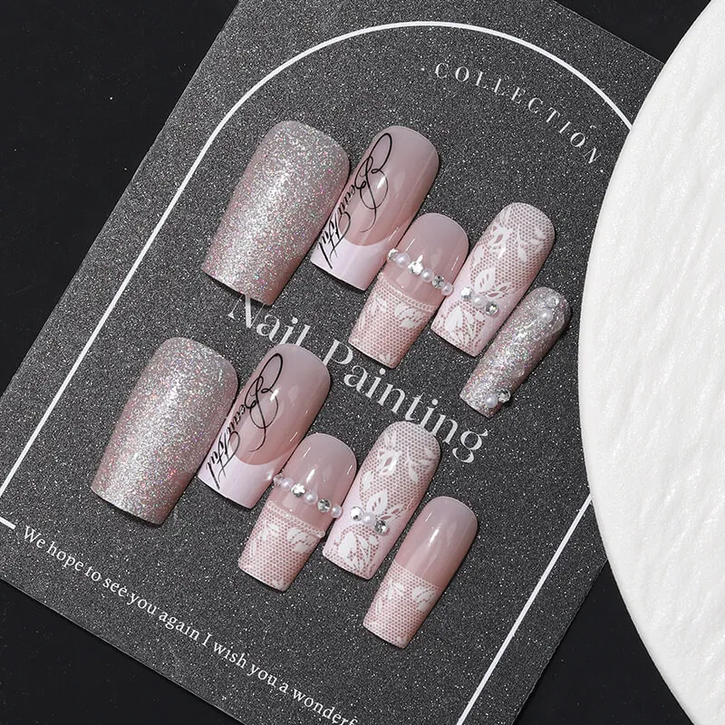 Nailhour 24Pcs Long Square French Lace Pearls Press On Nails