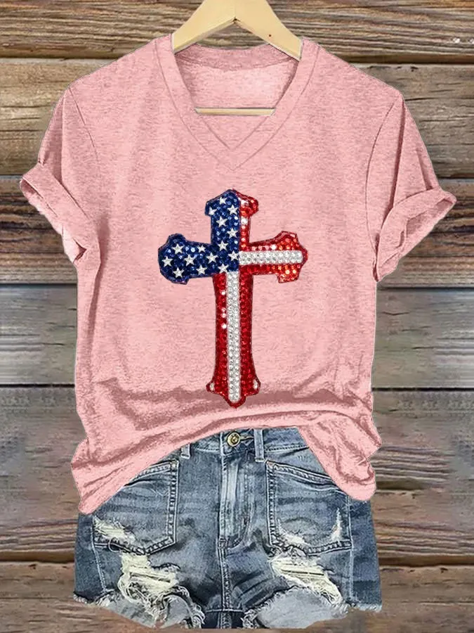 Women'S America Flag Cross Print Casual V-Neck T-Shirt
