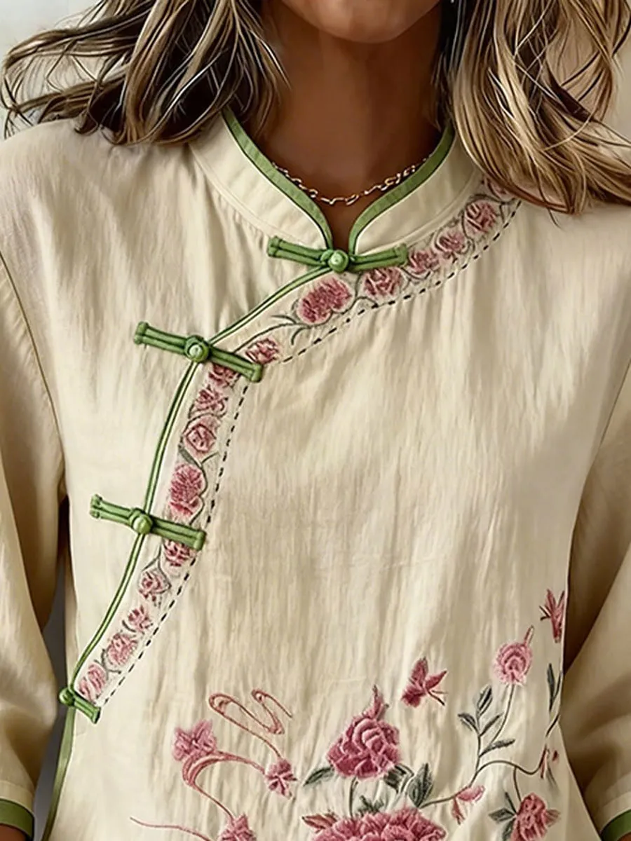 Women'S Cotton And Linen Floral Print Top