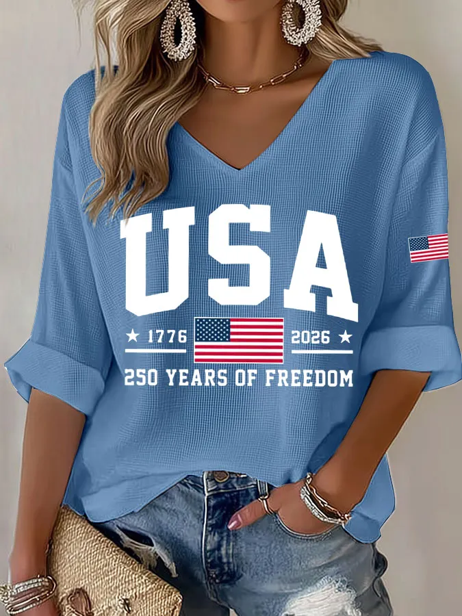 Women'S America Flag Print Waffle T-Shirt