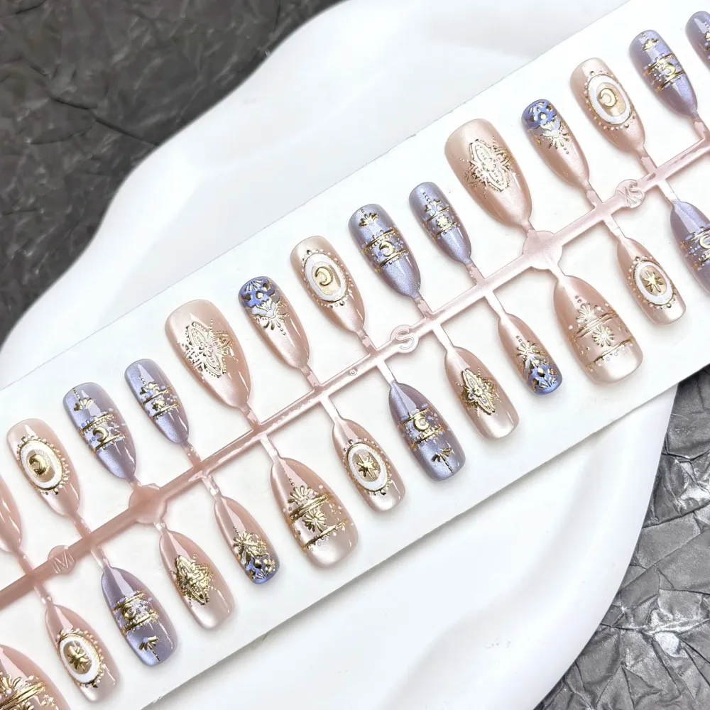Nailhour 30Pcs Blue Rhinestone Medium Almond French Press On Nails