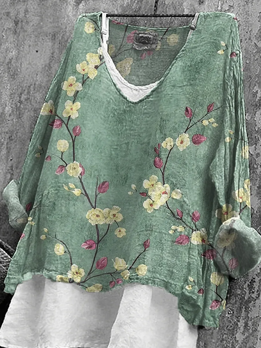 Women's Japanese Floral Art Linen Blend Casaul T-shirt