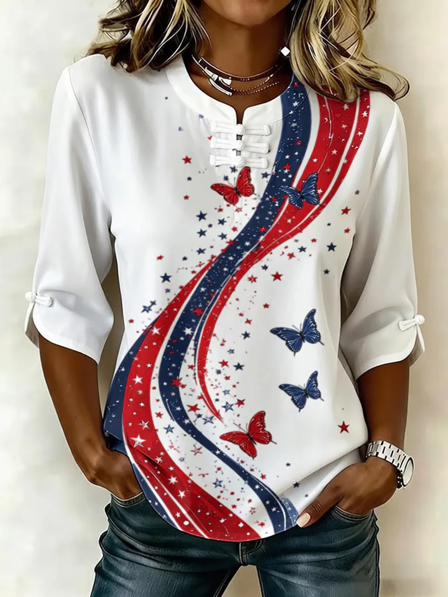 Women's Retro Flag Print Cotton Linen Top