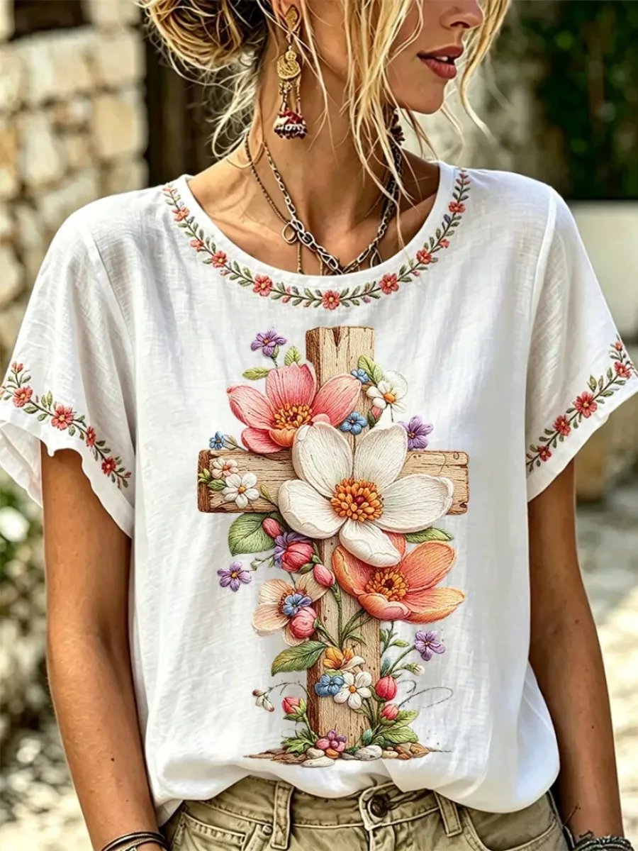 Women's Faith & Floral Art Short Sleeve Linen Shirt