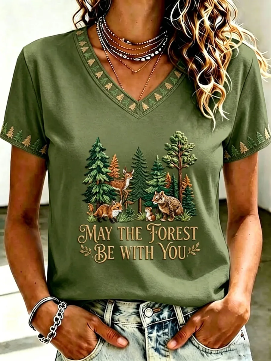 Women'S May The Forest Be With You Printed Casual T-Shirt