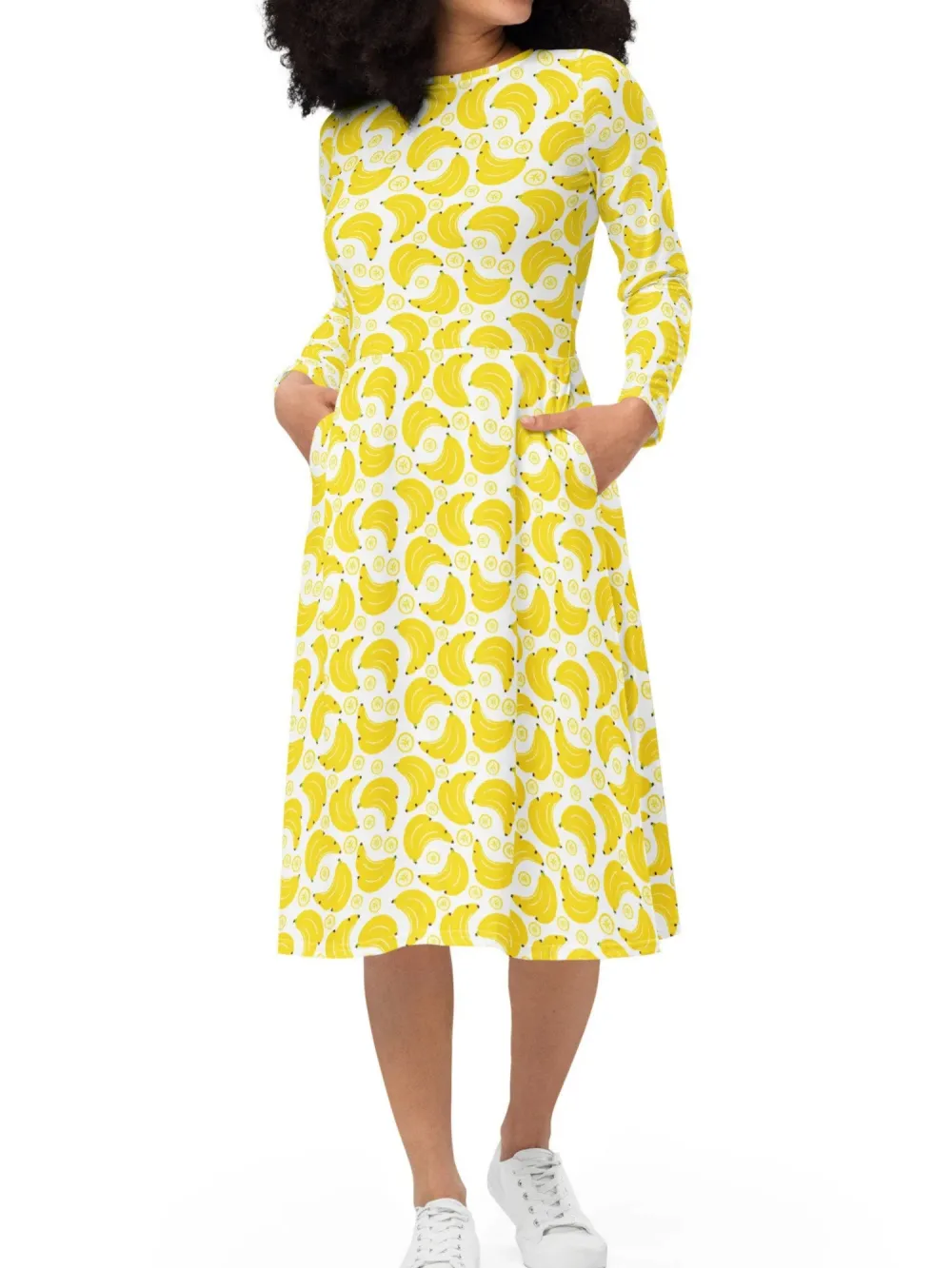 Banana Print Long Sleeve Midi Dress