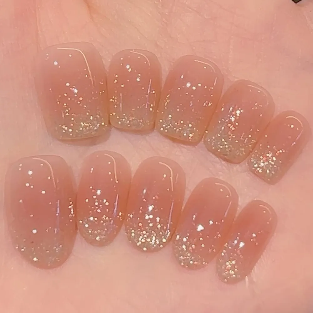 Nailhour 10Pcs Nude Gradient Glitter Medium Oval Press On Nails