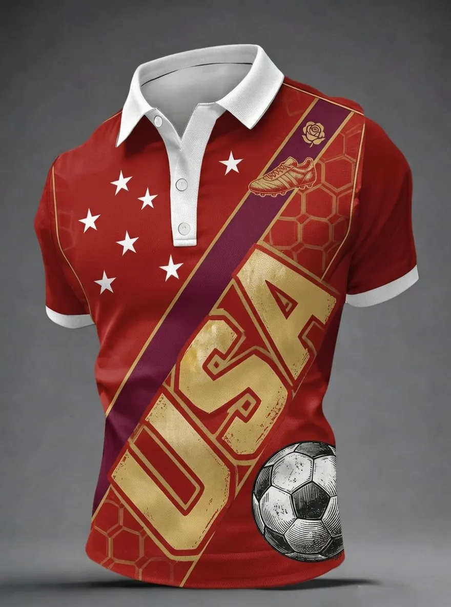Men's USA Soccer Fan Stars and Ball Printed Polo Shirt