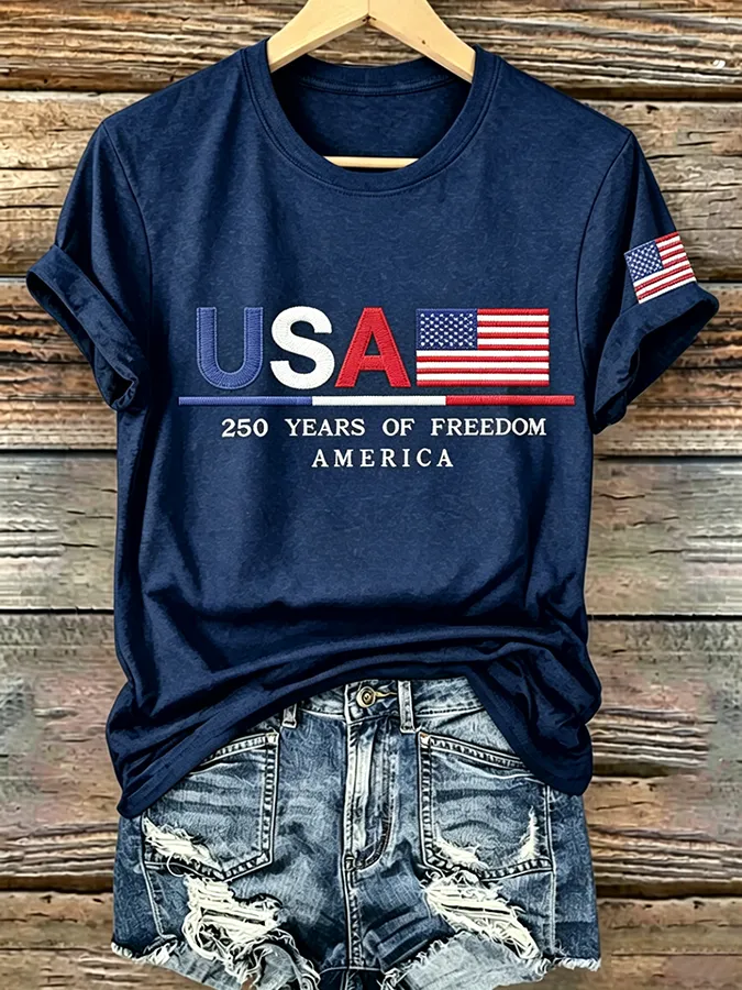 Embroidered Printed Round Neck Short Sleeved T-Shirt Commemorating The 250Th Anniversary Of The United States