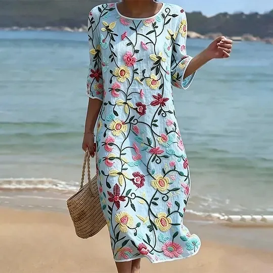 Vintage Floral Art Pattern Linen Blend Loose Three-quarter Sleeve Dress