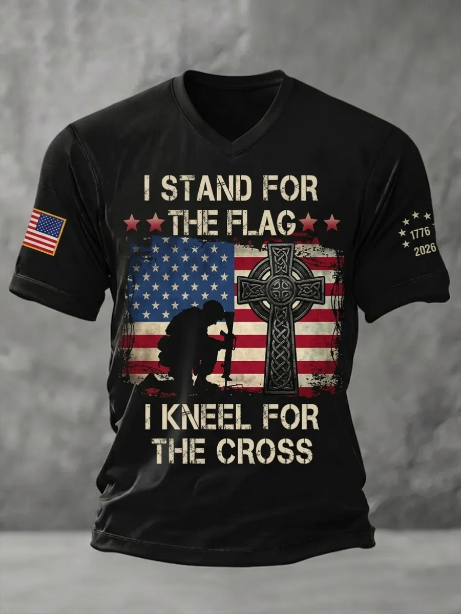 Men's America's 250th Anniversary Stand For The Flag Kneel For The Cross Faith Christian Cross Print T-Shirt