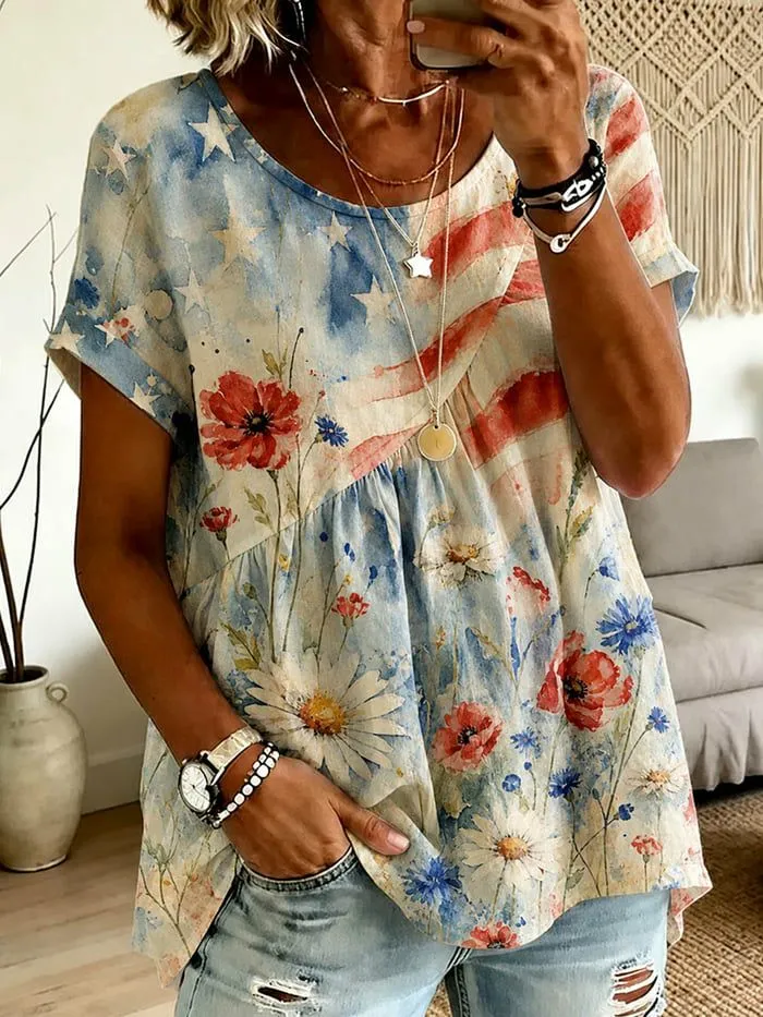 Women'S Casual Retro Patriotic Cotton And Linen Shirt