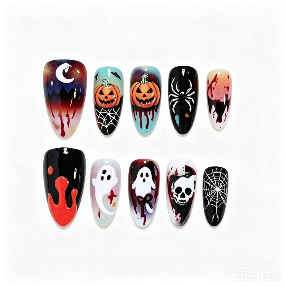 Nailhour 30Pcs Halloween Spider Web Medium Almond Press On Nails