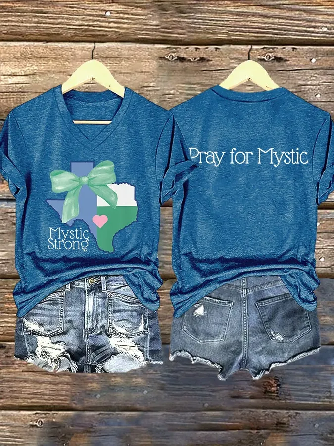 V Neck Retro Texas Strong Green Bow Mystic Strong Pray For Mystic Print T-Shirt