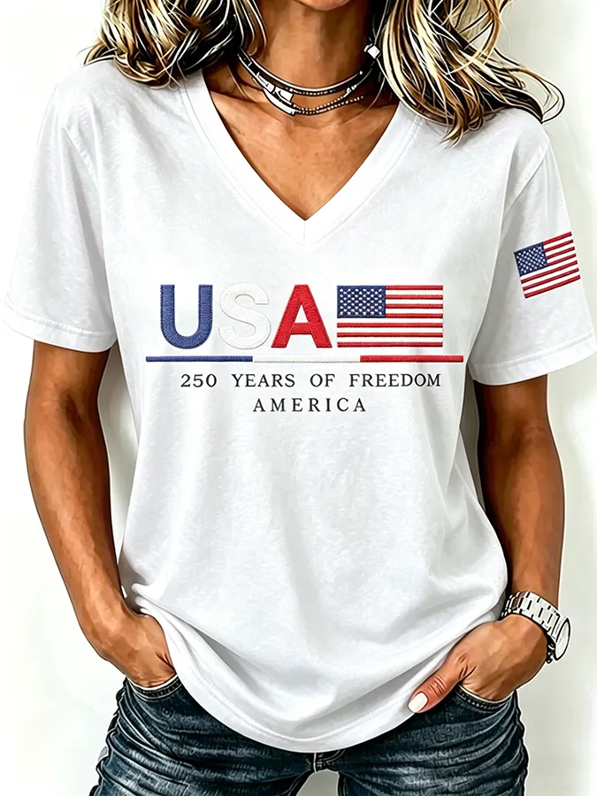250Th Anniversary American Embroidery Commemorative V-Neck Short Sleeved T-Shirt