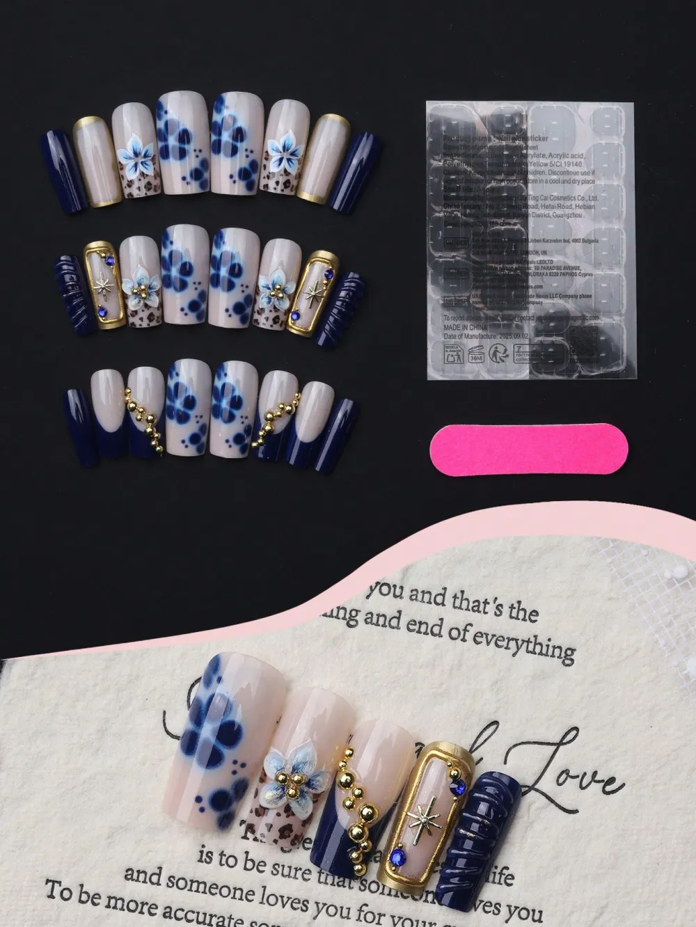 Nailhour 24pcs Coffin Shaped 3D Floral Petal & Golden Bead Accent Press-On Nails