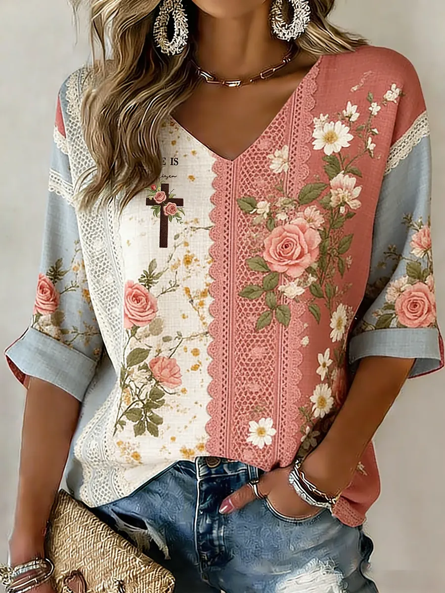 Ladies' Casual Floral Faith Splicing V-Neck Half Sleeved T-Shirt