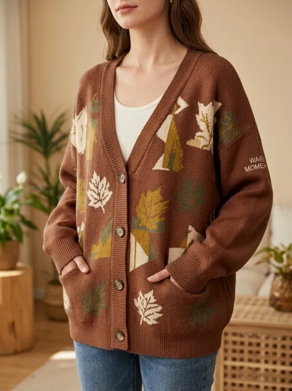 Everyday Maple Leaf Pattern Patterned Women's Knit Cardigan
